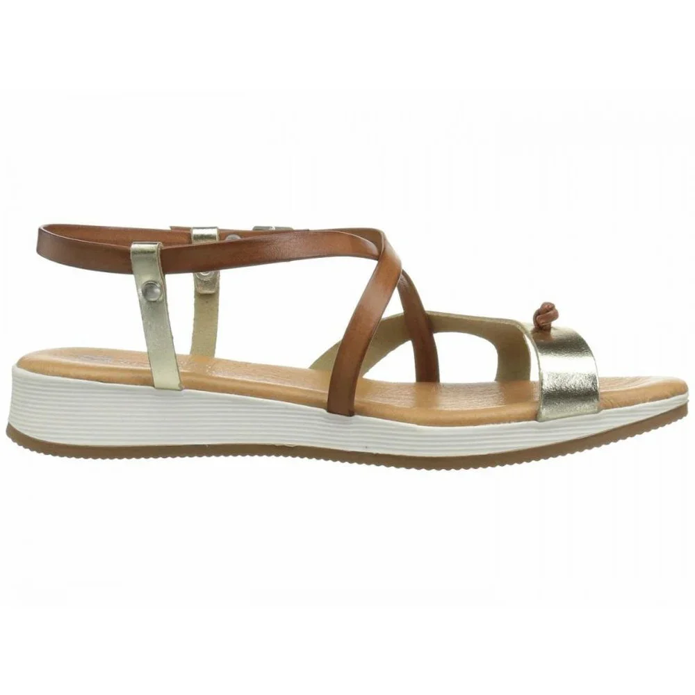 NEW Eric Michael Women Tan Gold Leather Platform Strap Buckle Thong Comfort - Picture 4 of 7